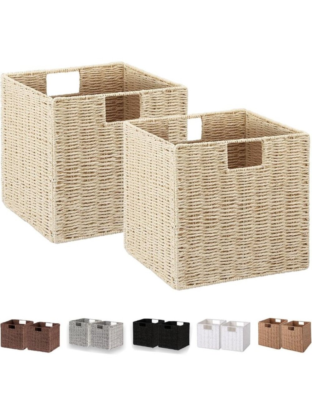 Hand-Woven Wicker Storage Baskets Set of 2, Foldable Cube Organizers, Beige